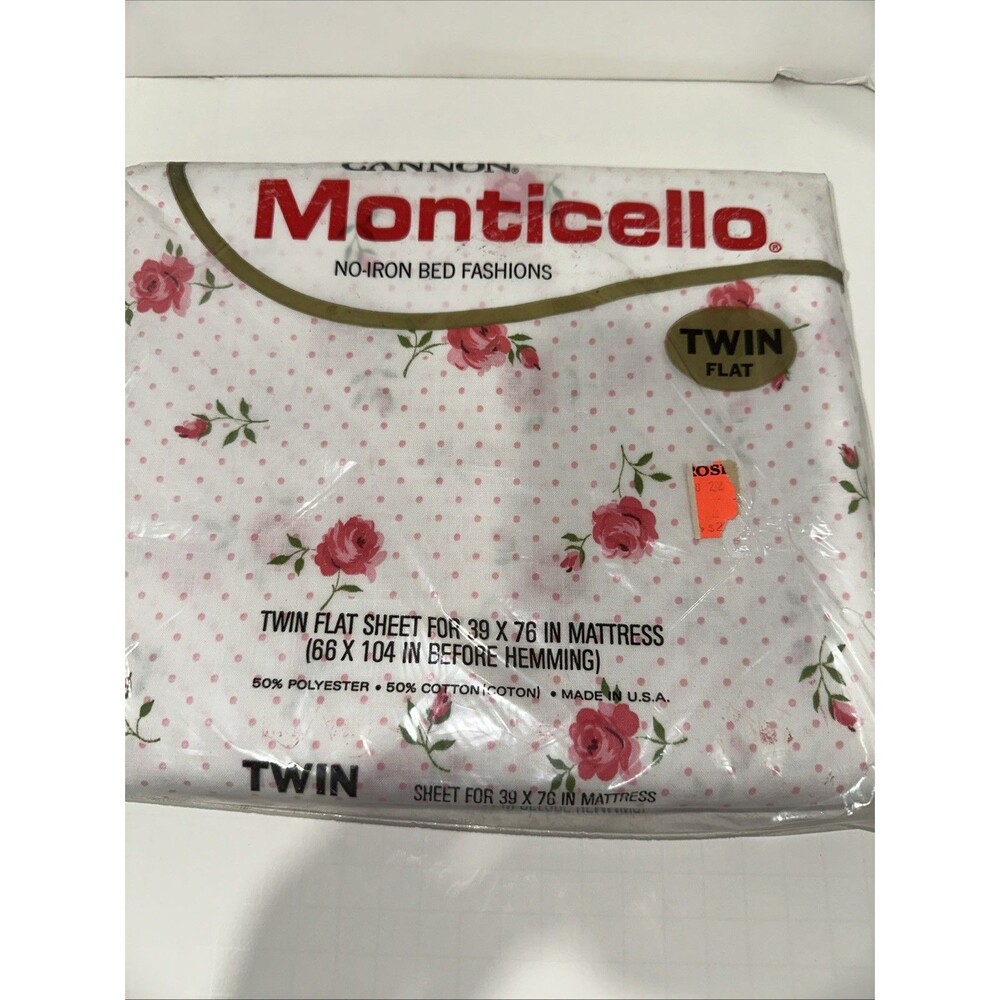 VTG Cannon Monticello PINK Rose Dream Polka Dot No Iron Muslin Twin FLAT Sheet